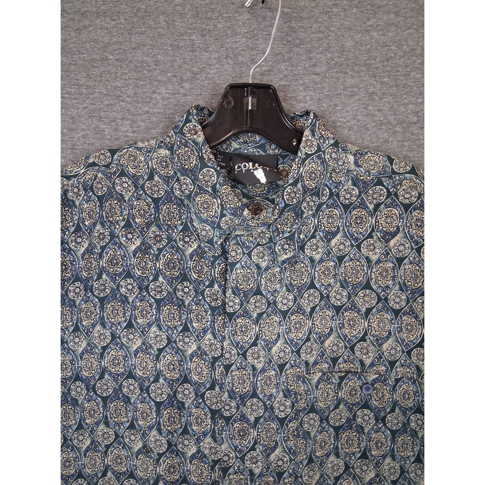 Colore Italia Mens Shirt Large‎ Green Blue Floral Ajrak Eye 100% Silk Button